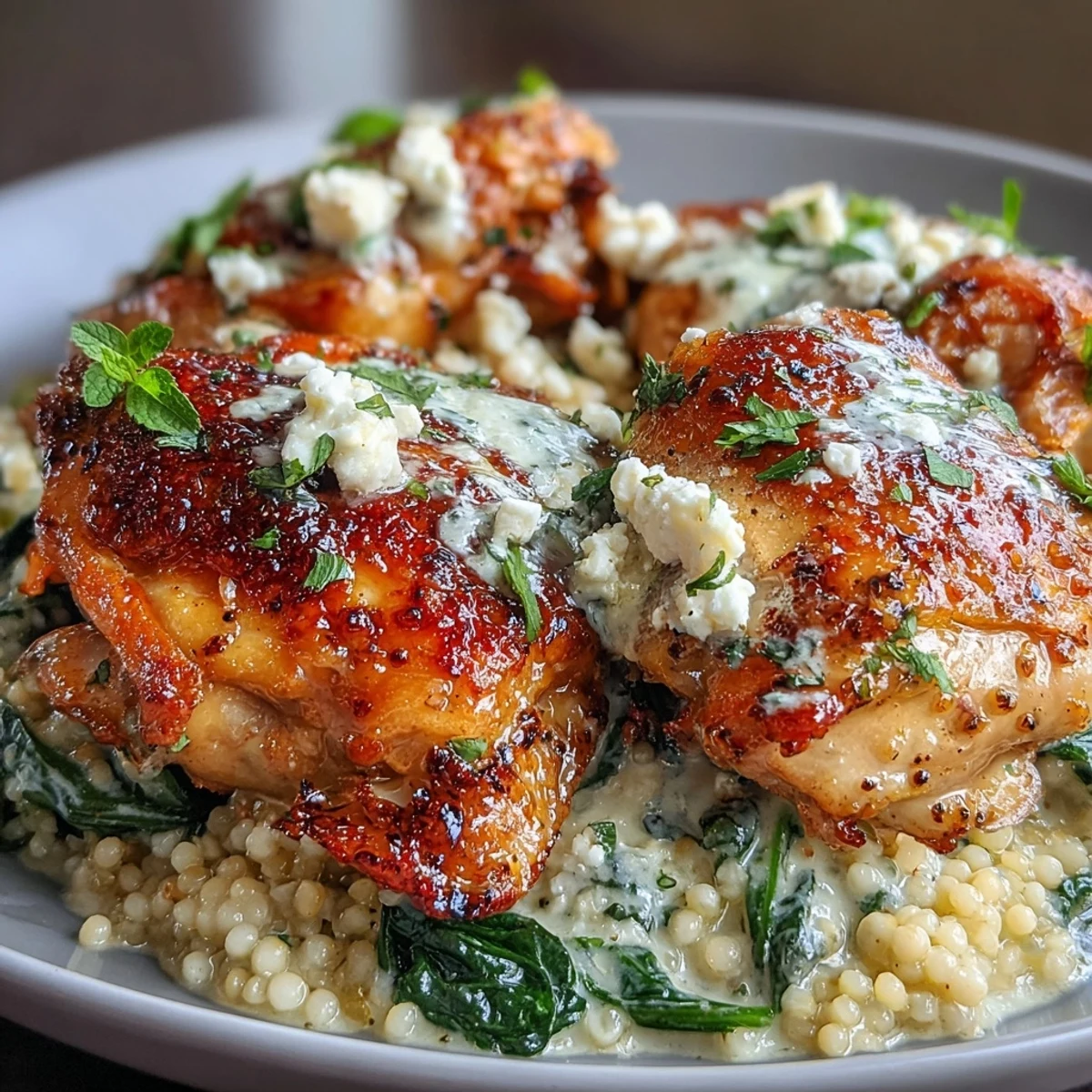 Golden-brown chicken thighs rest atop a creamy blend of pearl couscous, wilted spinach, and melted feta in this finished Creamy Greek Chicken & Pearl Couscous Bake.
