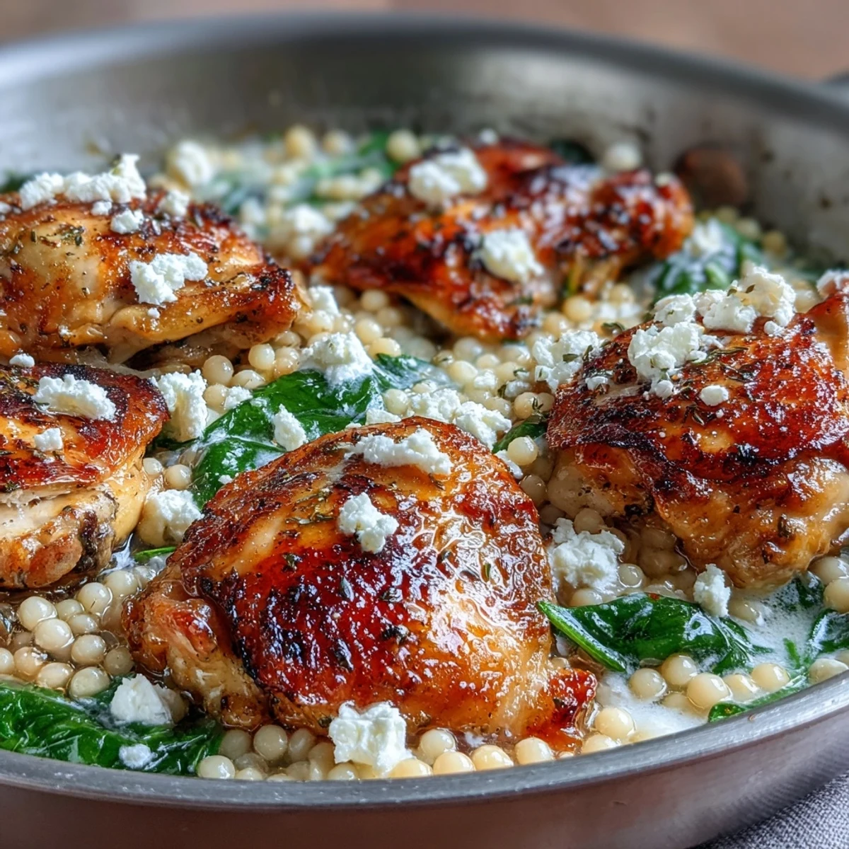 The skillet holds a baked Creamy Greek Chicken & Pearl Couscous Bake, featuring golden chicken nestled in creamy spinach and feta with a garnish of fresh dill.