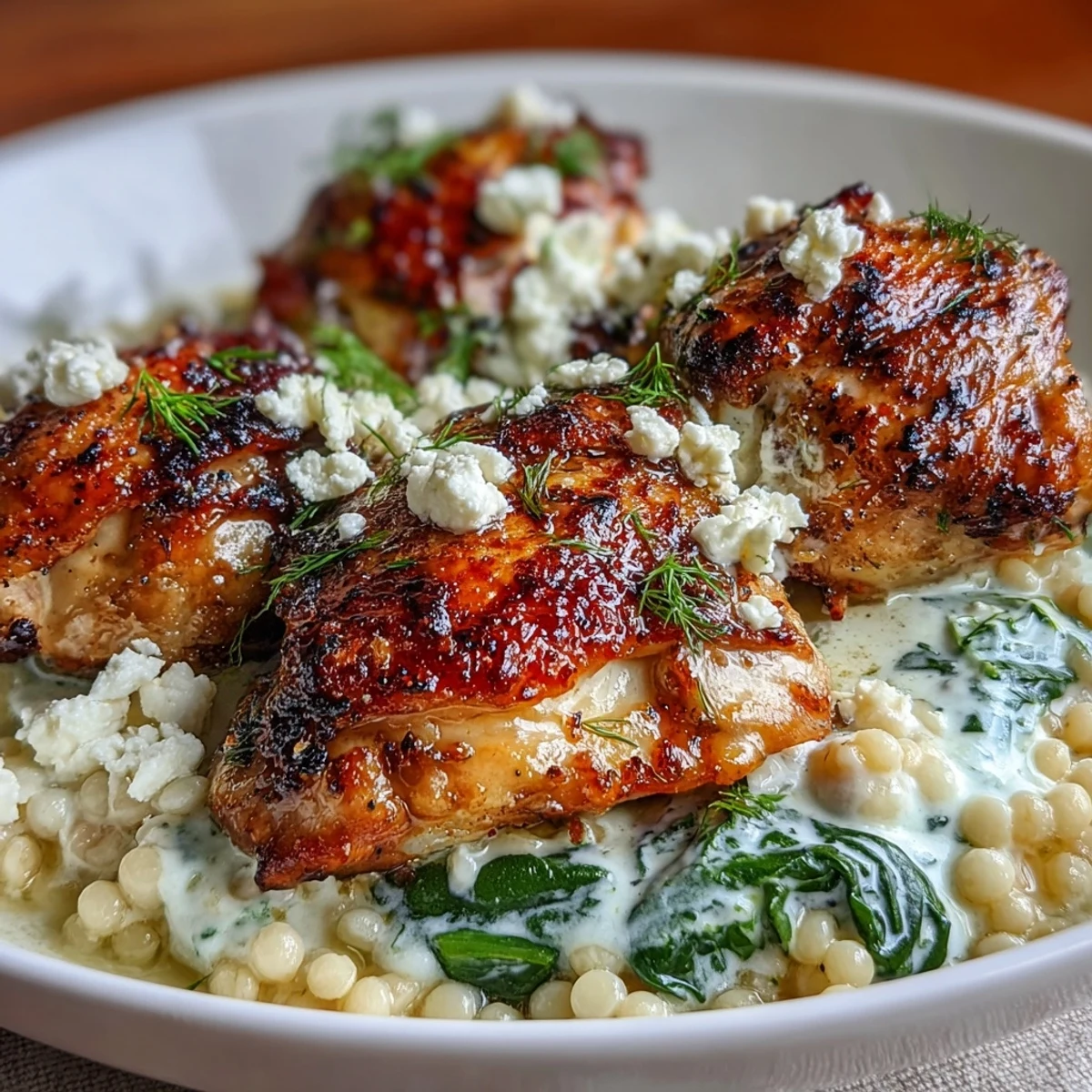 This hearty Creamy Greek Chicken & Pearl Couscous Bake is plated with a lemon wedge, showing the tender chicken and pearl couscous ready for a family dinner.