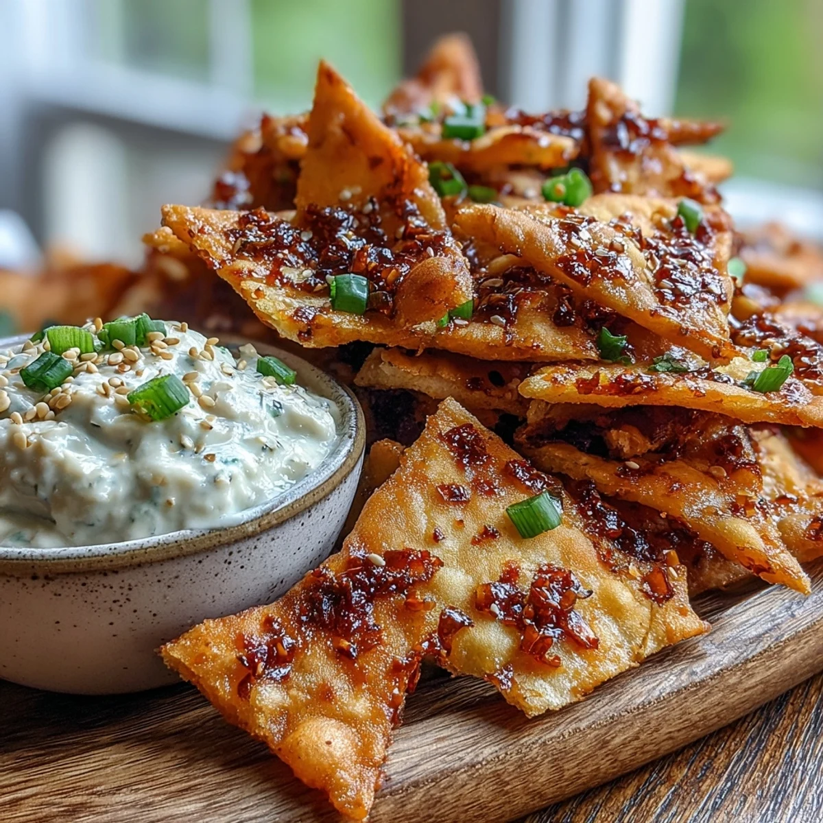 Golden brown Spicy Chili Crisp Garlic Naan Chips arranged in a fan, next to a small bowl of creamy cucumber dip garnished with sesame seeds.