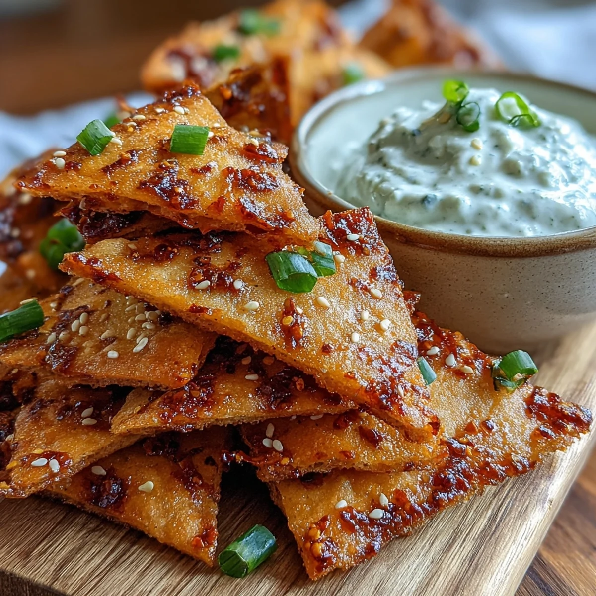 A close-up view of Spicy Chili Crisp Garlic Naan Chips showing their crunchy texture and flecks of chili, ready for dipping into yogurt.