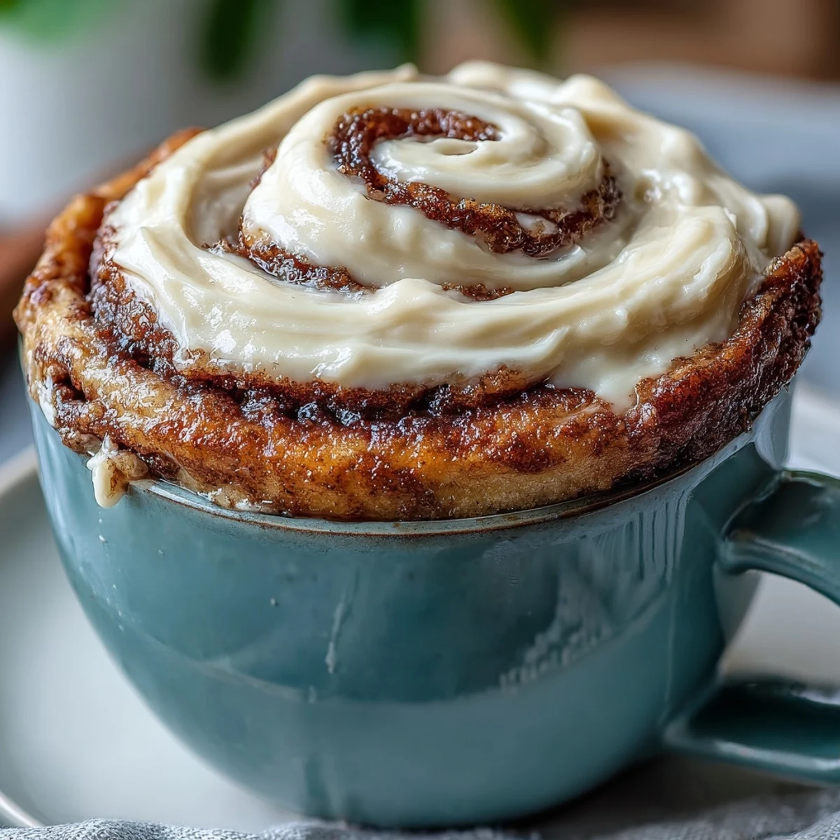 Freshly microwaved High-Protein Cinnamon Roll Mug Cake topped with tangy cream cheese frosting and a sweet cinnamon swirl.