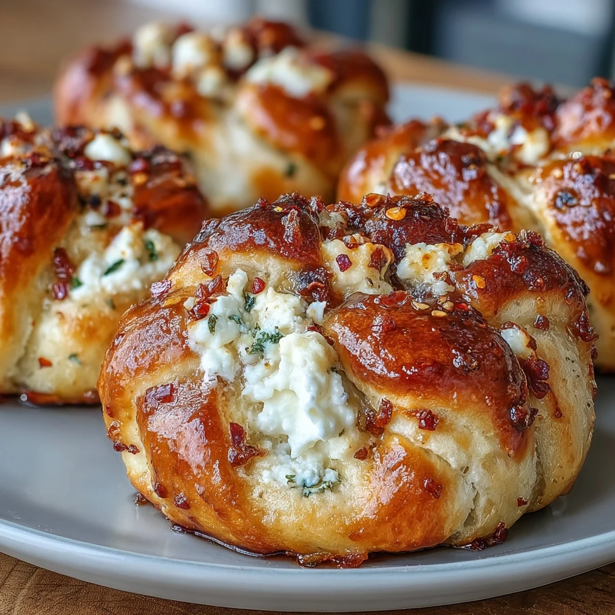 Golden-brown Hot Honey Ricotta Stuffed Garlic Knots brushed with garlic butter and drizzled with spicy honey.