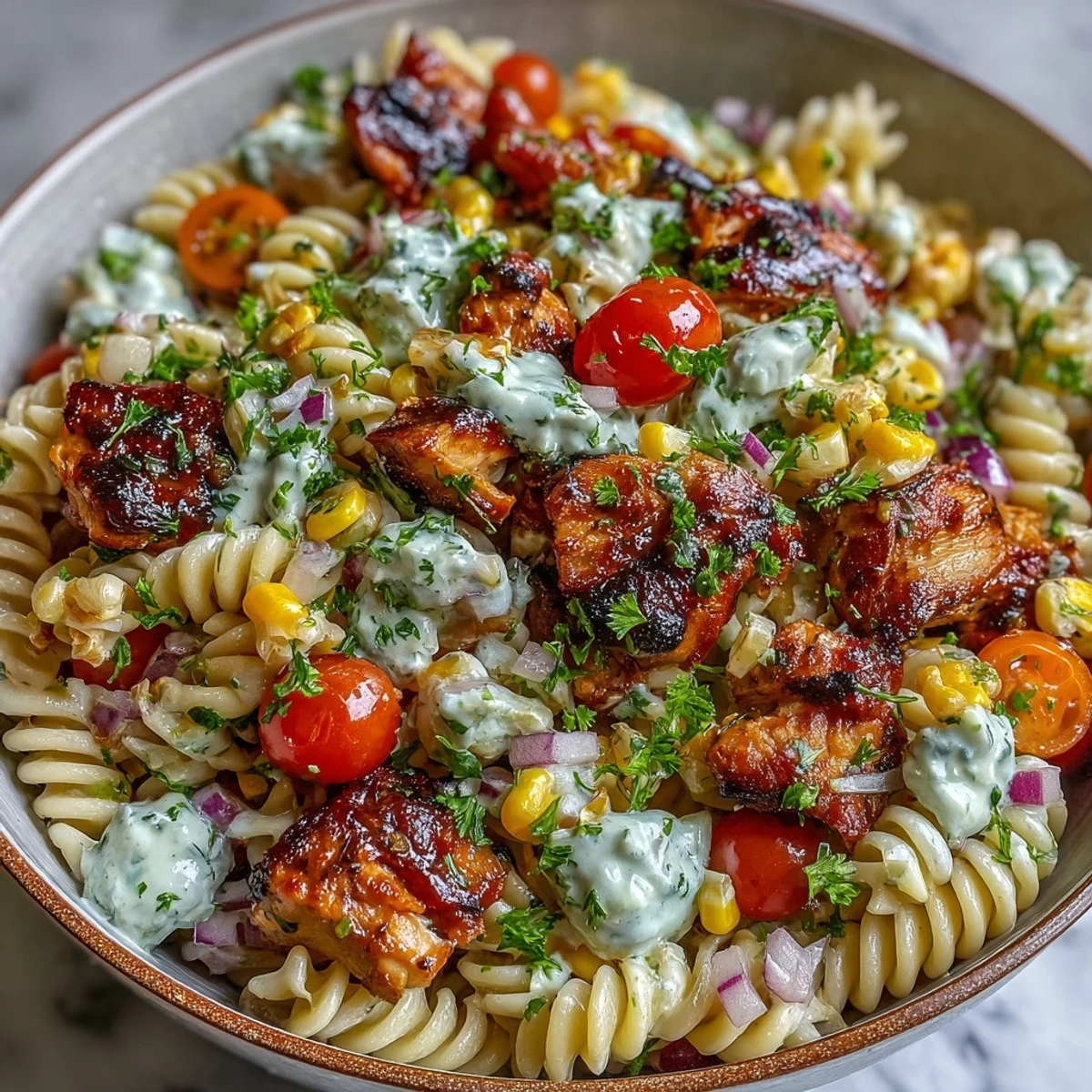Honey BBQ Chicken Pasta Salad in a white bowl, featuring juicy BBQ chicken cubes, cherry tomatoes, and bright red bell pepper on spiral pasta.