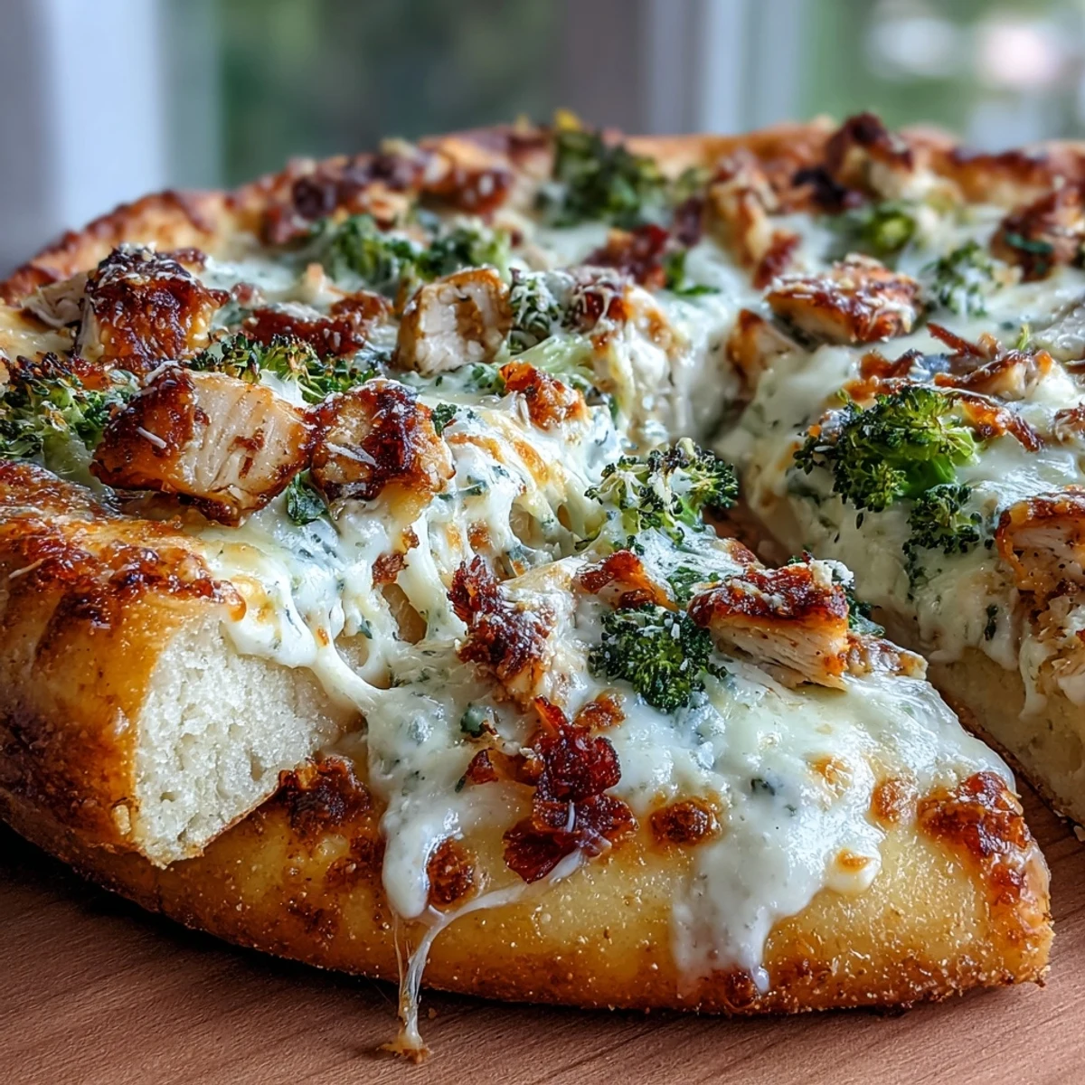 Golden-brown thin-crust Garlic Parmesan Chicken & Broccoli Pizza with melted mozzarella on a wooden cutting board.
