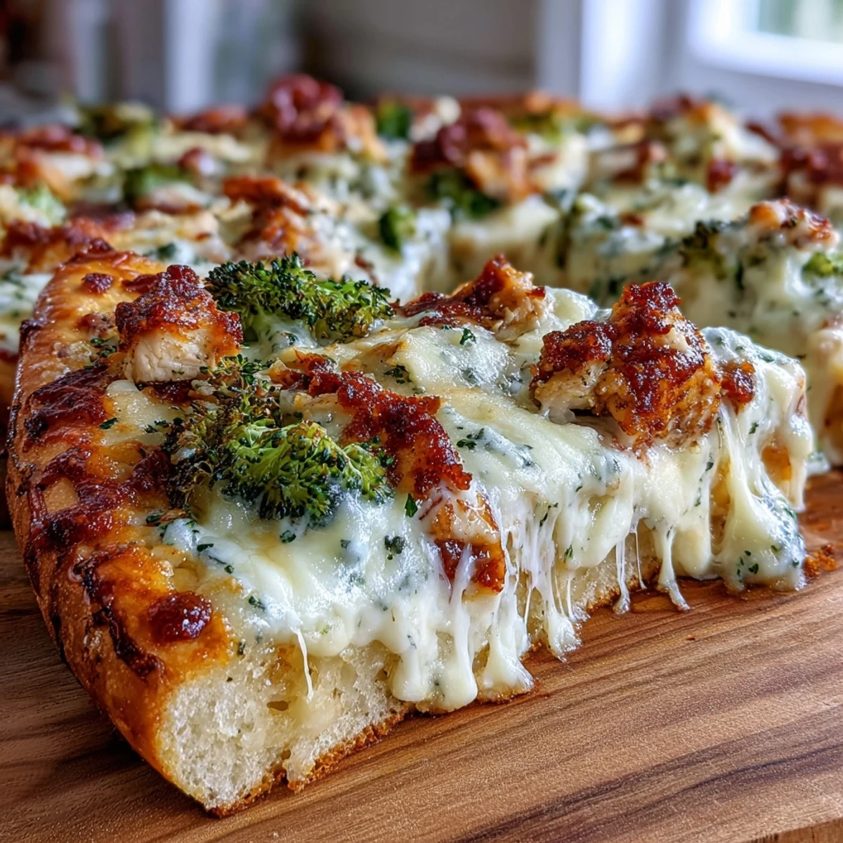 Slice of Garlic Parmesan Chicken & Broccoli Pizza showing creamy white sauce, tender chicken, and crisp broccoli florets.