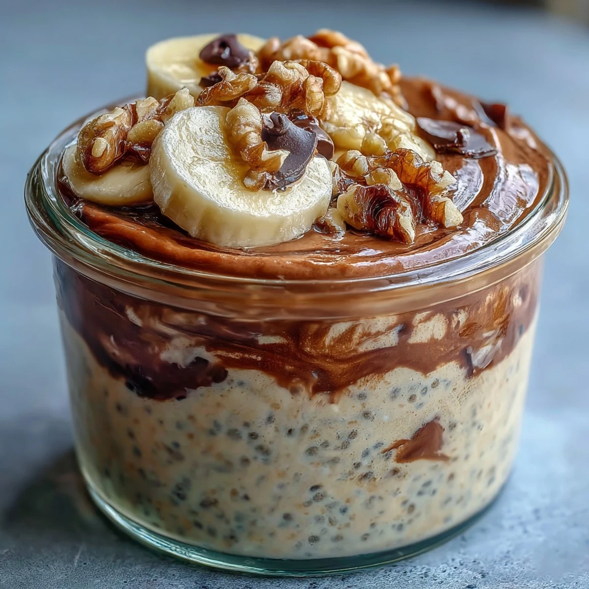 Healthy Chunky Monkey Overnight Chia Pudding breakfast parfait with chocolate and peanut butter layers ready to eat.