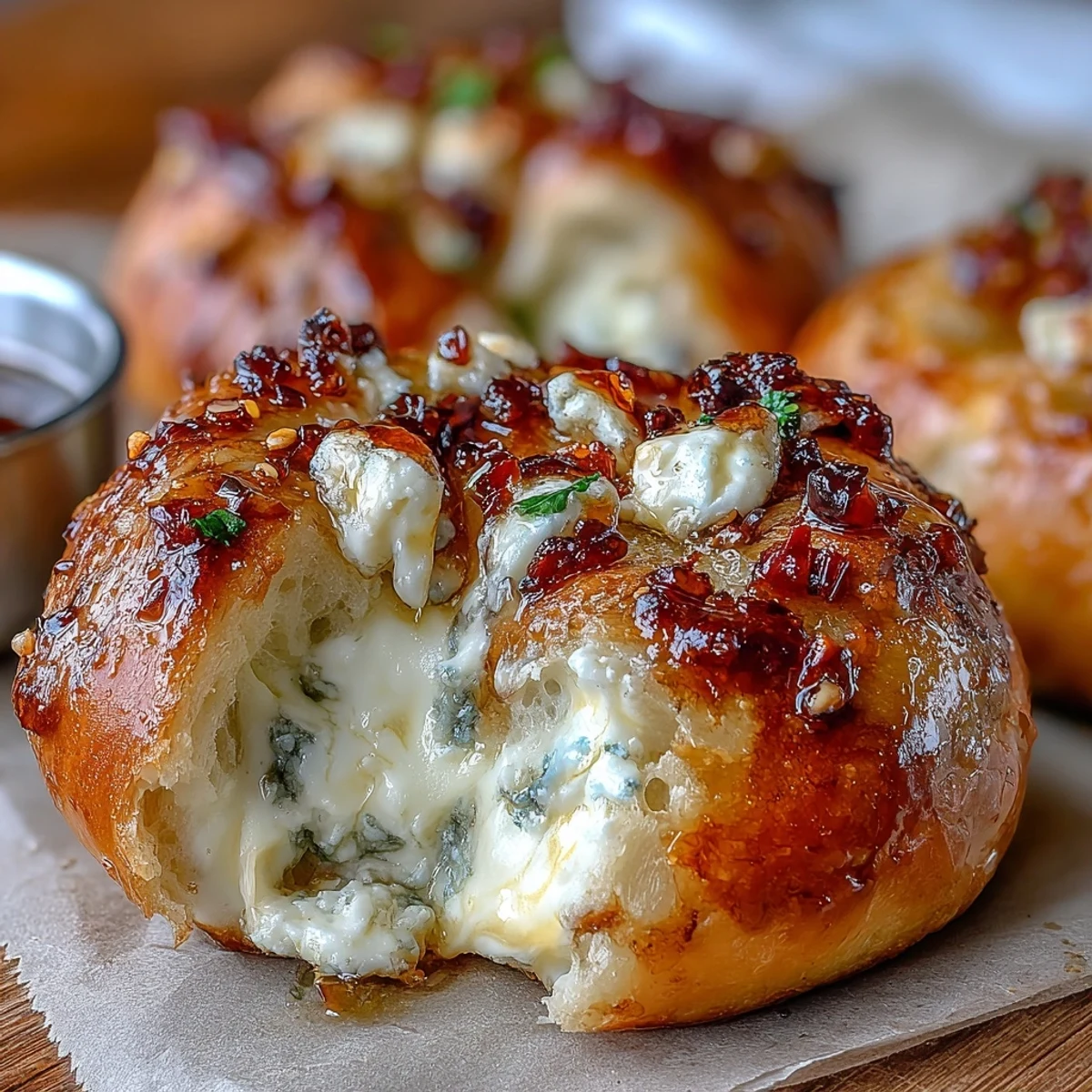 Herb-flecked garlic knots drizzled with spicy honey and served on a rustic wooden board.