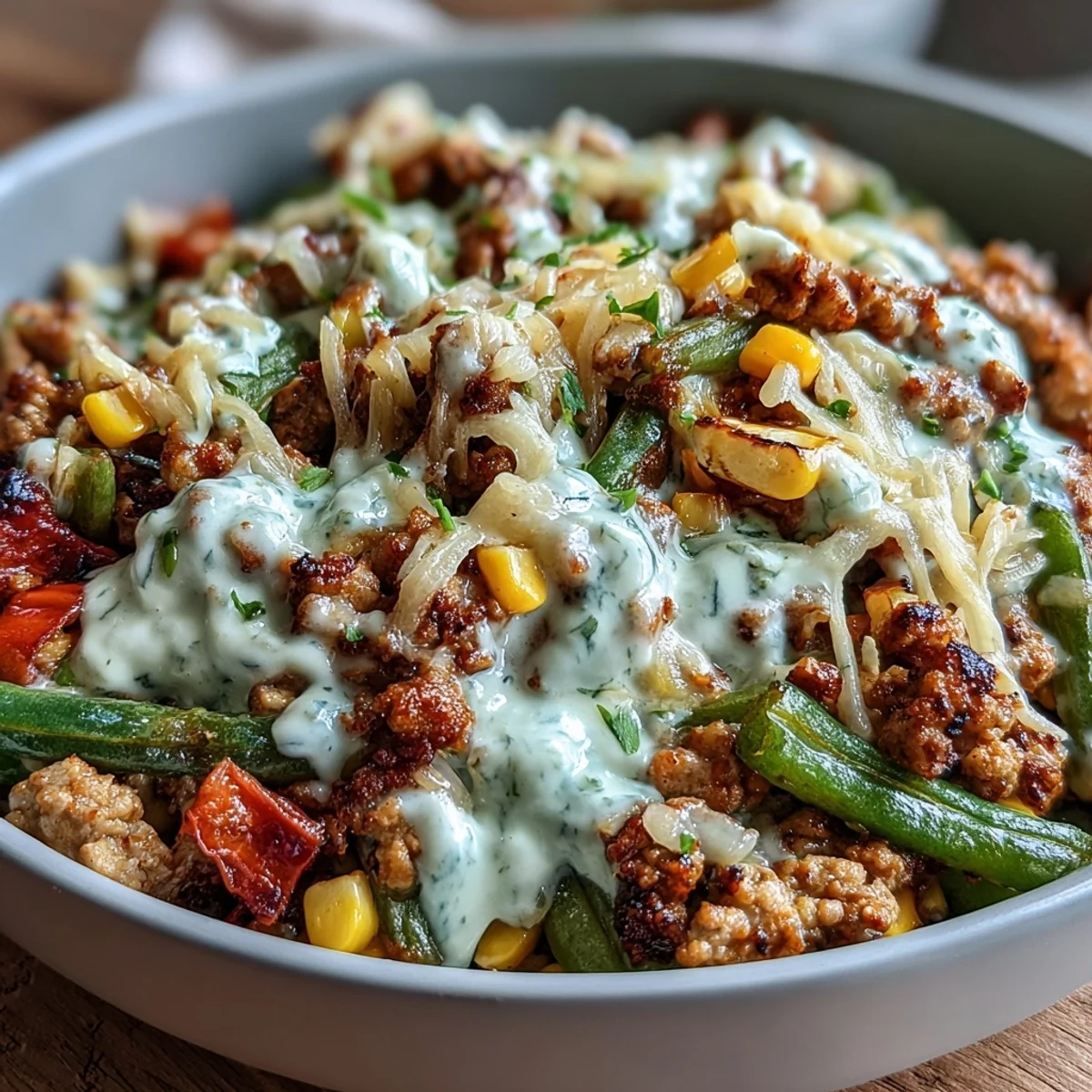 Creamy Ranch Turkey & Veggie Skillet served over fluffy pasta with melted cheddar and fresh parsley garnish.