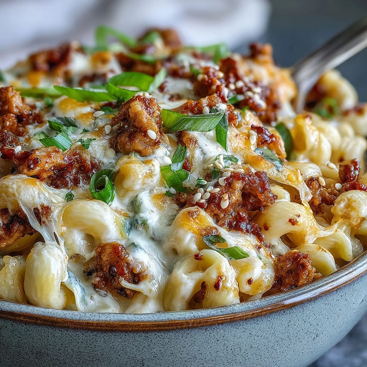 Creamy Korean-Style Turkey Mac & Cheese is served warm, topped with savory crumbles and fresh green scallions.