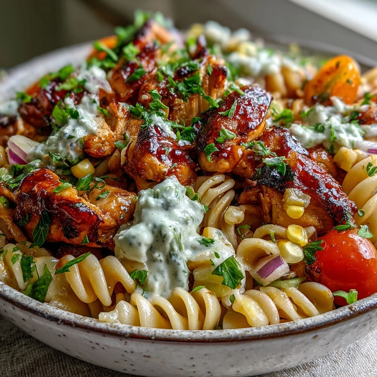 Serving bowl of Honey BBQ Chicken Pasta Salad with rotini, corn, cherry tomatoes, and creamy dressing, perfect for potlucks.