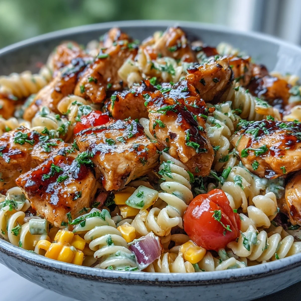 Honey BBQ Chicken Pasta Salad plated with chopped chives, showing tender chicken, red pepper, and celery in a rich sauce.