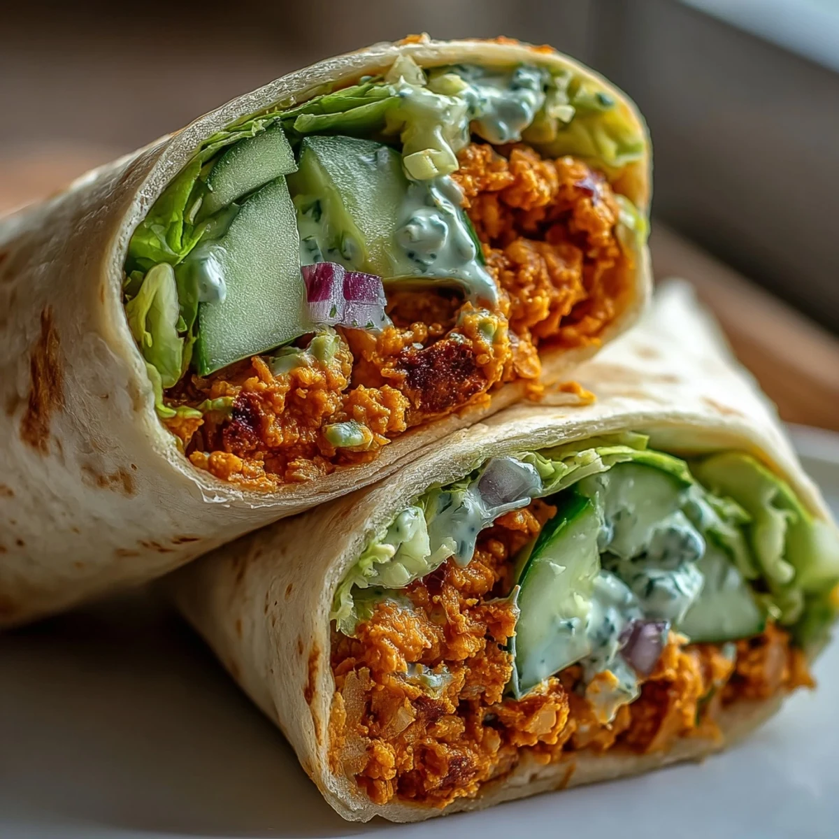 Two halves of a Vegan Buffalo Chickpea Salad Wrap on a rustic board show a creamy orange filling with crisp romaine and cucumber slices.