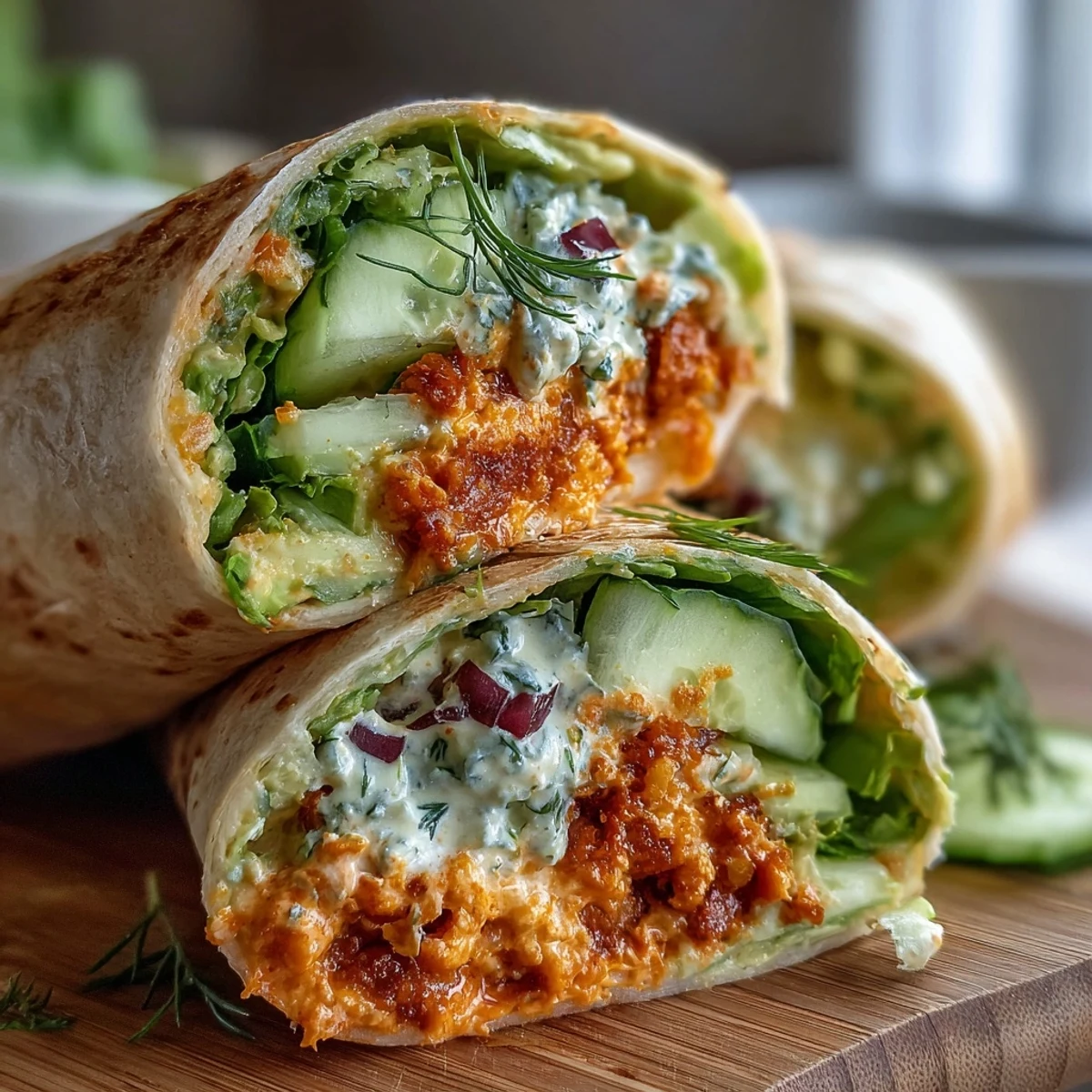 A vibrant wrap cut in half reveals chickpeas, shredded lettuce, and avocado, perfect for a quick plant-based lunch.