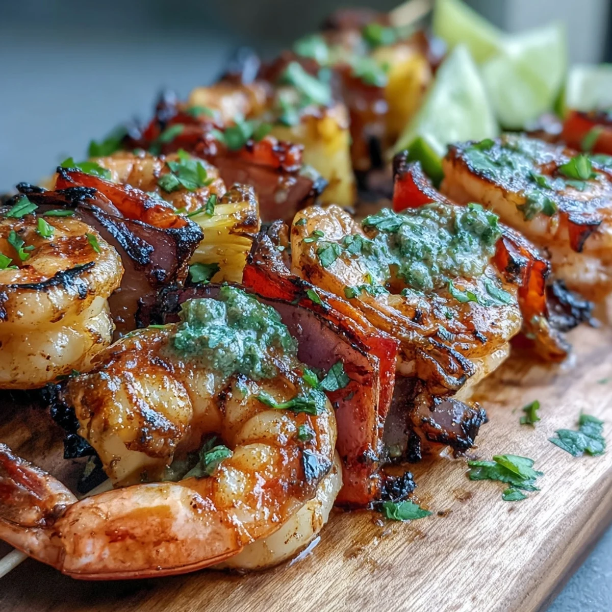 Grilled Shrimp and Pineapple Skewers with Cilantro Lime are garnished with fresh cilantro and lime wedges on a platter.