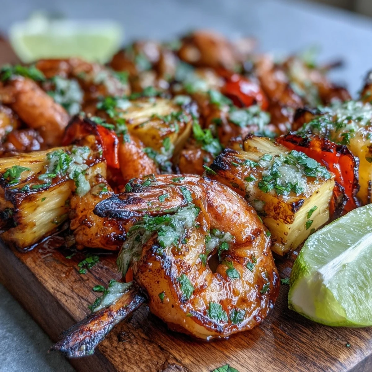 Close-up of Grilled Shrimp and Pineapple Skewers with Cilantro Lime on a plate with coconut rice.