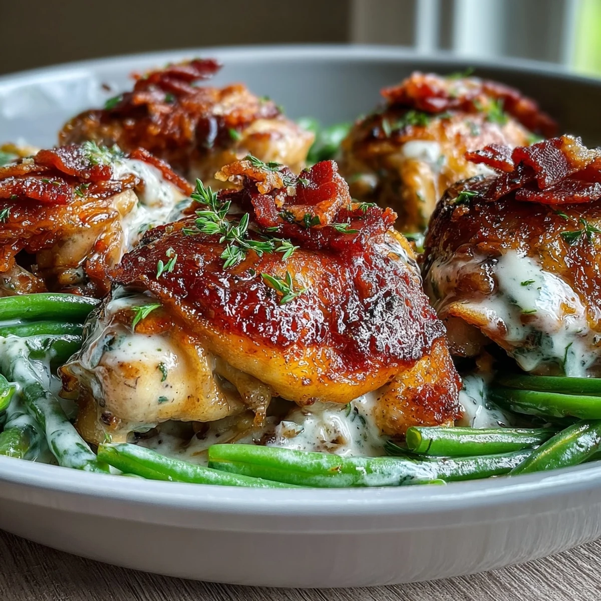 Golden-brown Keto Bacon Ranch Chicken Thighs with Green Beans sizzling in a skillet, topped with crispy bacon crumbles.
