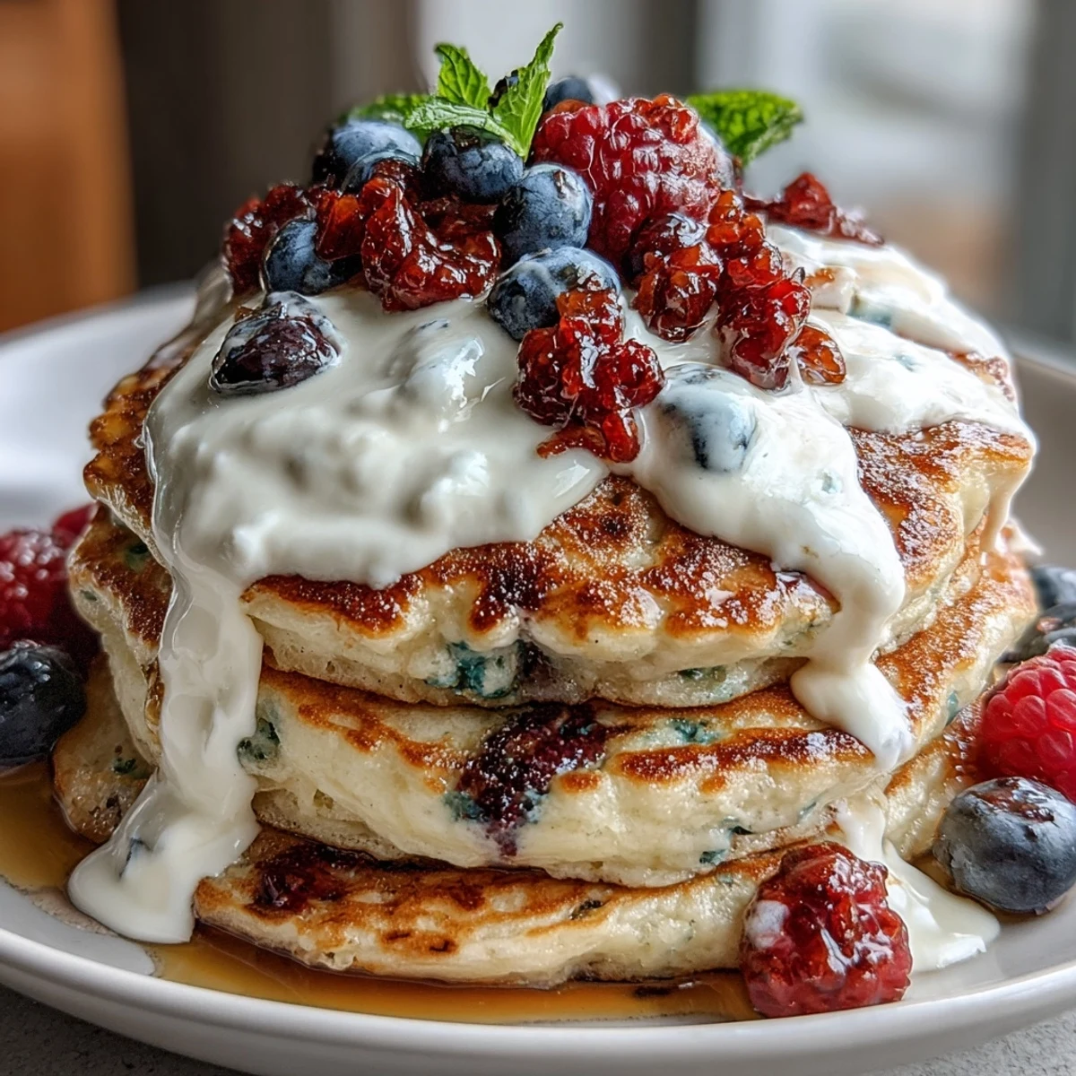 A skillet of Berry Protein Pancakes cooks on the griddle, showing bubbling batter and golden-brown edges.