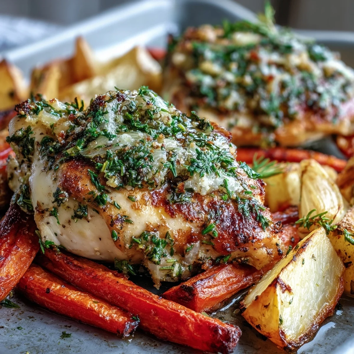 The gluten-free Sheet Pan Herb-Crusted Chicken with Root Vegetables is served fresh from the oven, garnished with bright parsley and rosemary.