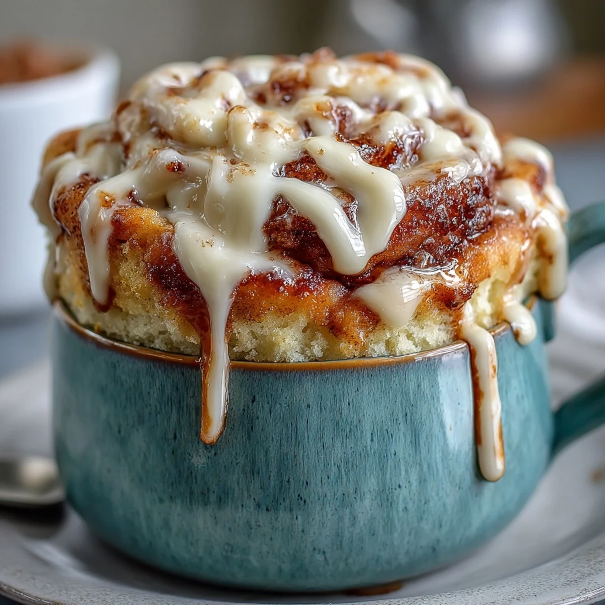 Microwave cinnamon roll mug cake packed with protein, swirled with cinnamon sugar, and topped with tangy cream cheese frosting.  