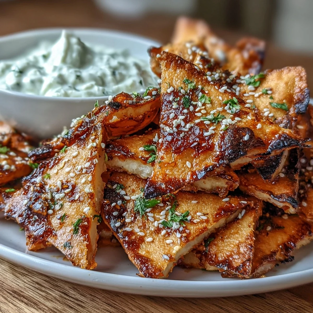 Crispy garlic naan chips tossed in spicy chili crisp, served with a creamy Asian cucumber yogurt dip for a bold appetizer.