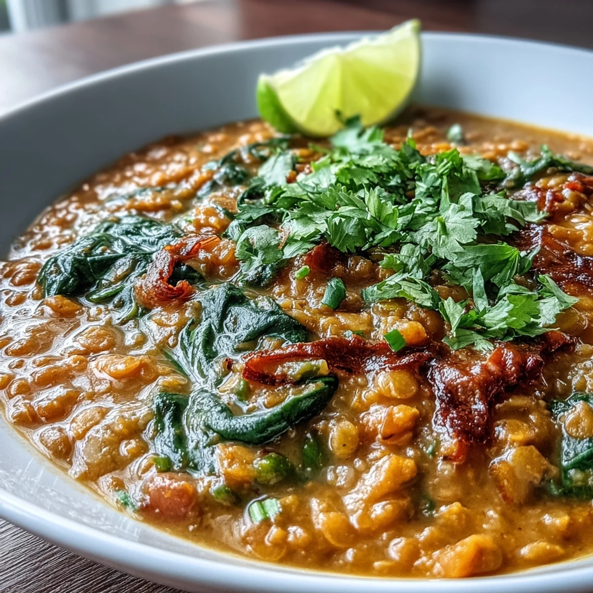 Creamy vegan coconut lentil dahl with spinach and lime, served in a rustic bowl with fresh cilantro and lime wedges.
