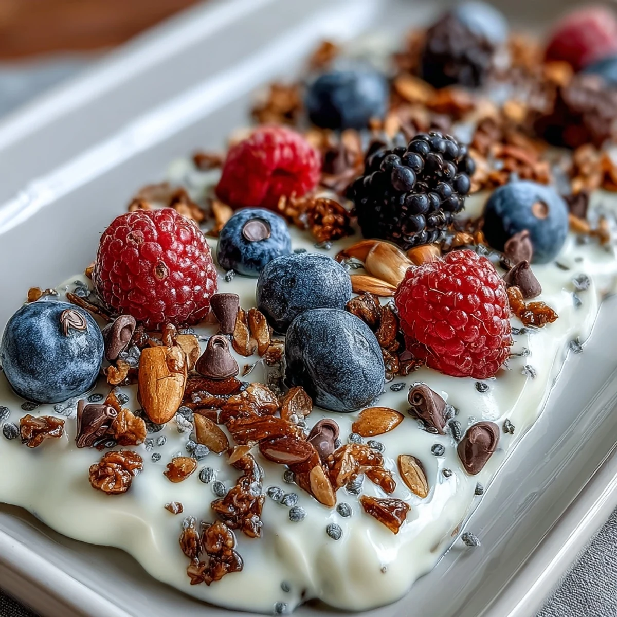 High-Protein Yogurt Breakfast Bark with Berries and Seeds, a colorful, protein-rich frozen treat layered with Greek yogurt, fresh berries, and crunchy seeds.