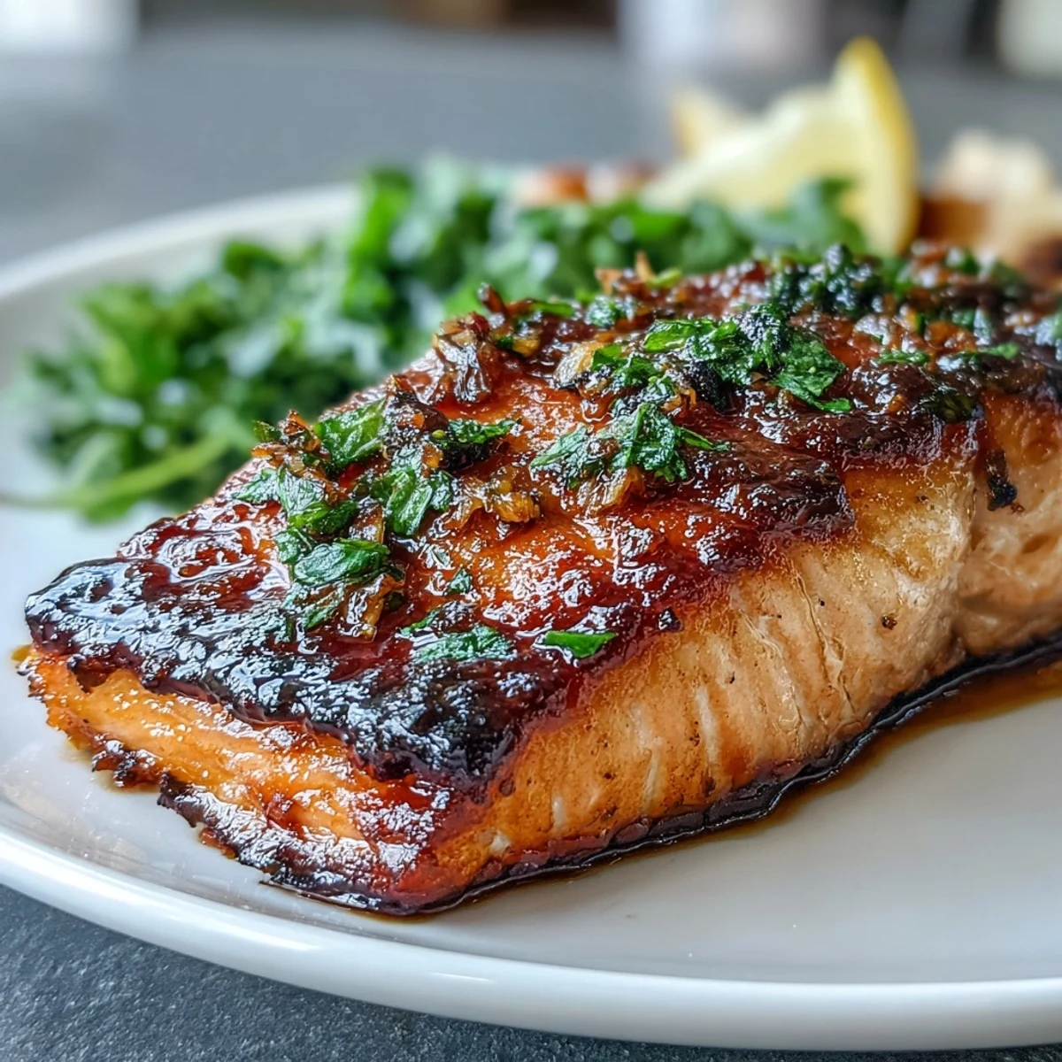 A low-carb dinner of perfectly seared salmon fillets with crisp skin, paired with tender asparagus sautéed in zesty lemon and aromatic garlic.  