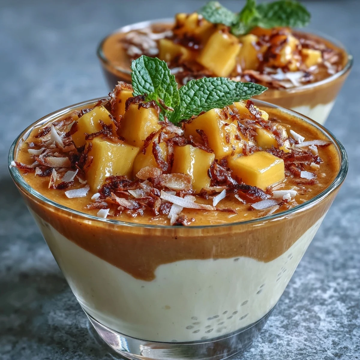 Refreshing plant-based chia pudding with rich coconut milk, topped with vibrant mango purée and toasted coconut flakes.  