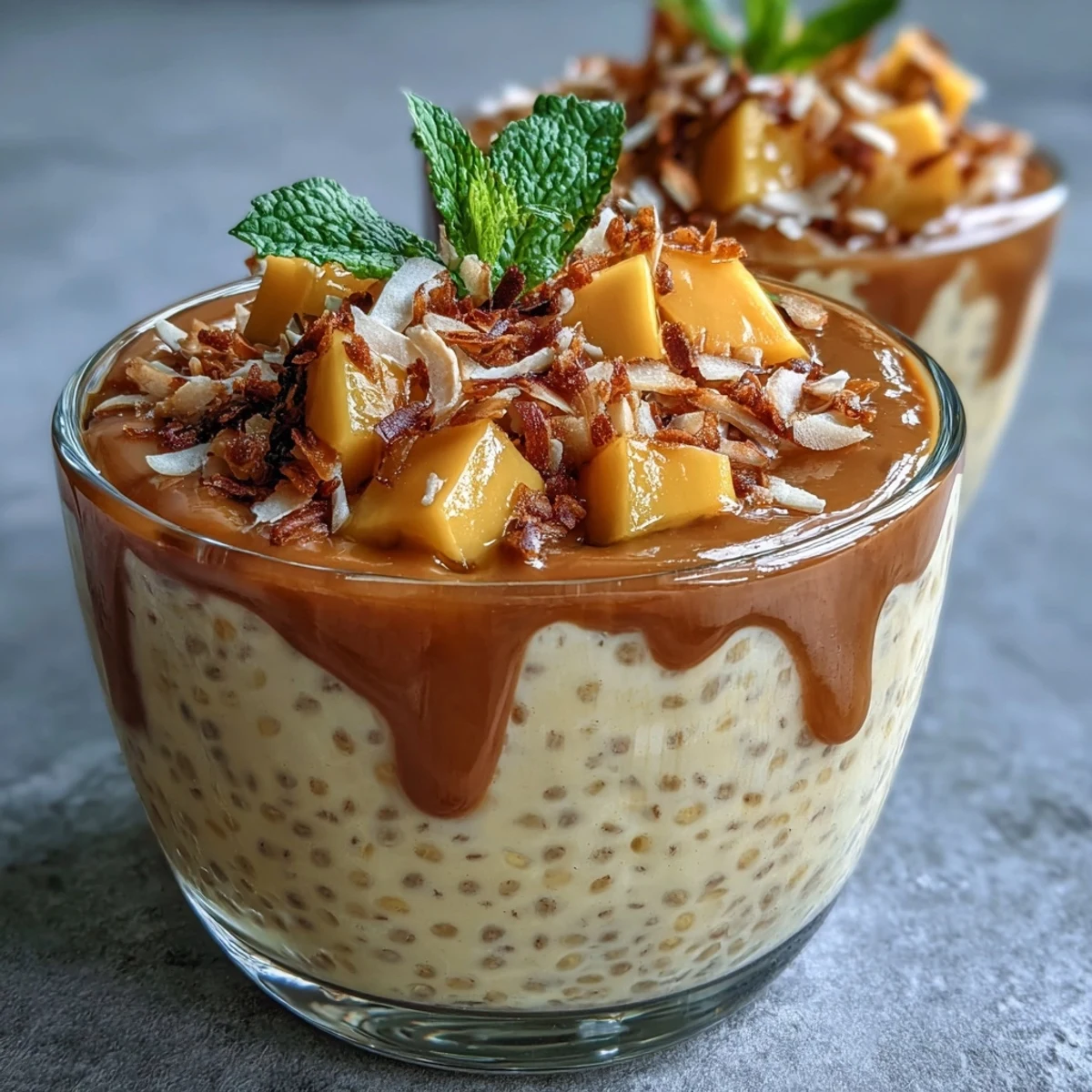 Creamy vegan chia pudding cups with coconut milk, layered with luscious mango purée for a tropical dessert treat.  