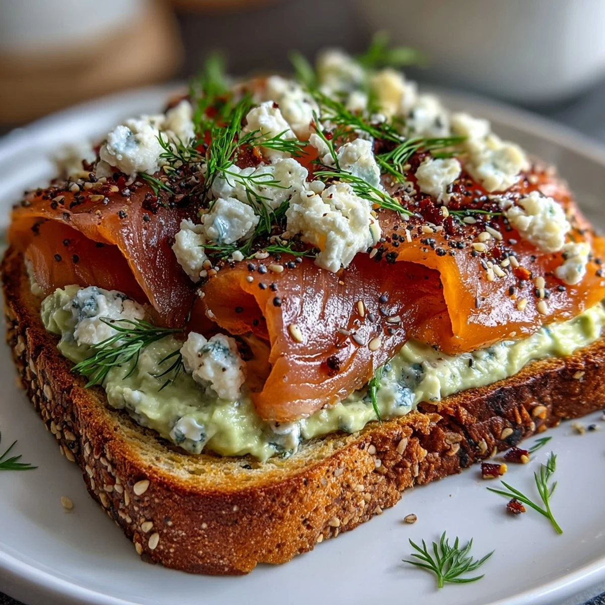Keto avocado bread toasts topped with smoked salmon and everything bagel seasoning for a low-carb brunch.  