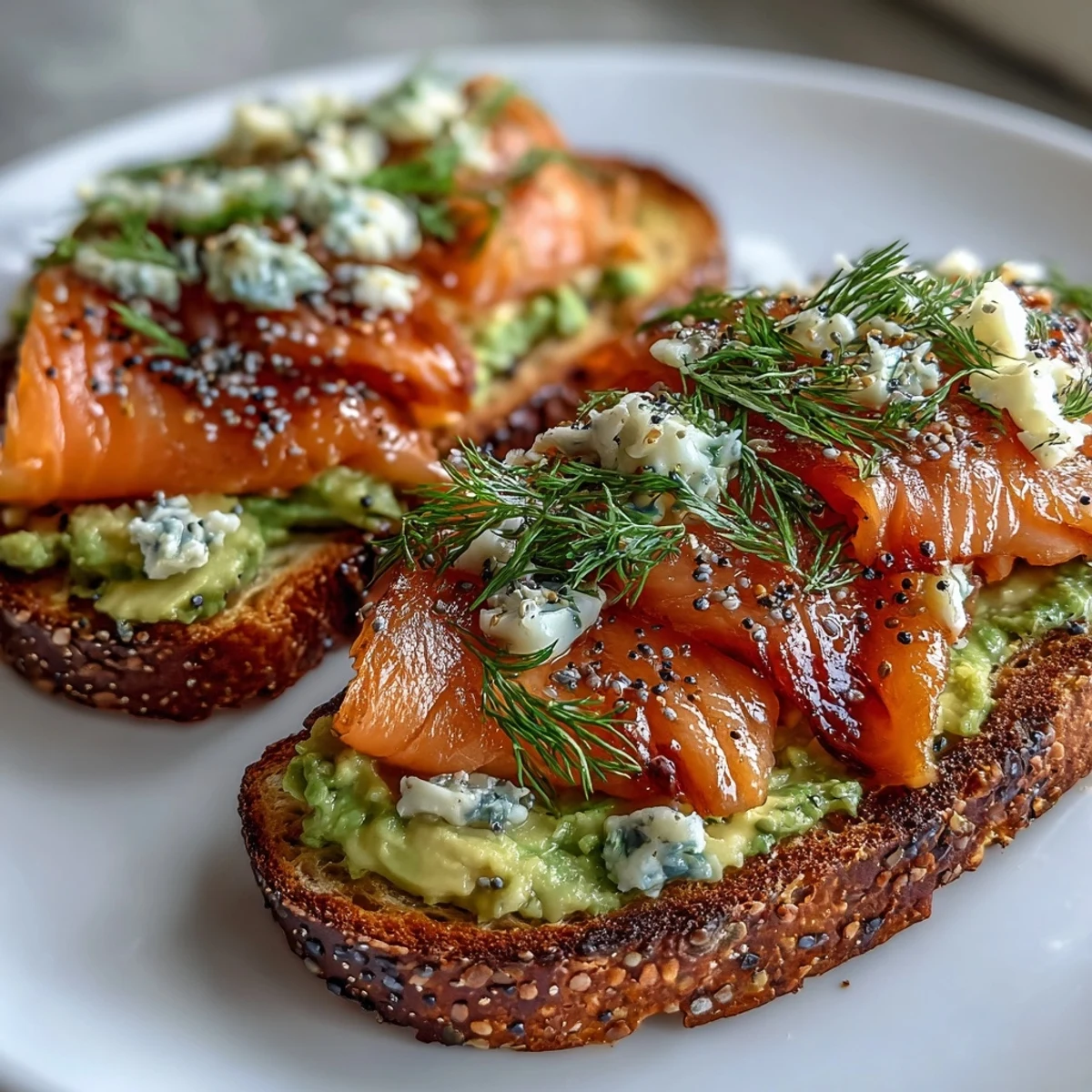 Fluffy almond flour bread slices layered with creamy avocado and silky smoked salmon, finished with savory everything seasoning.  