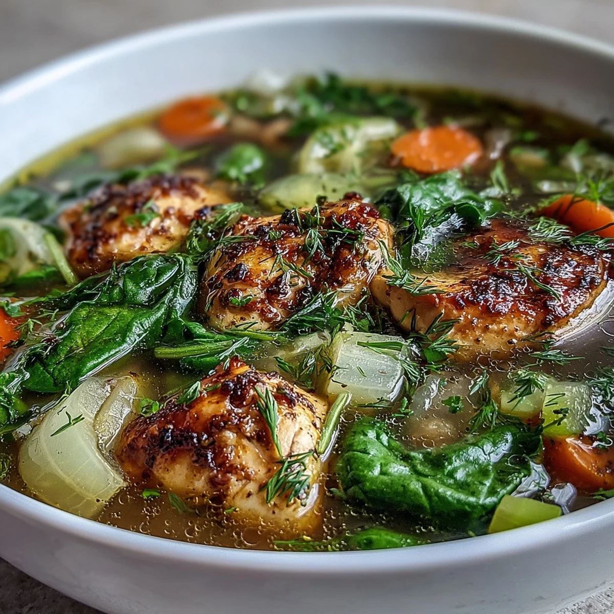 A vibrant bowl of One-Pot Chicken and Veggie Detox Soup with fresh herbs, tender chicken, and bright lemon slices for a nourishing meal.