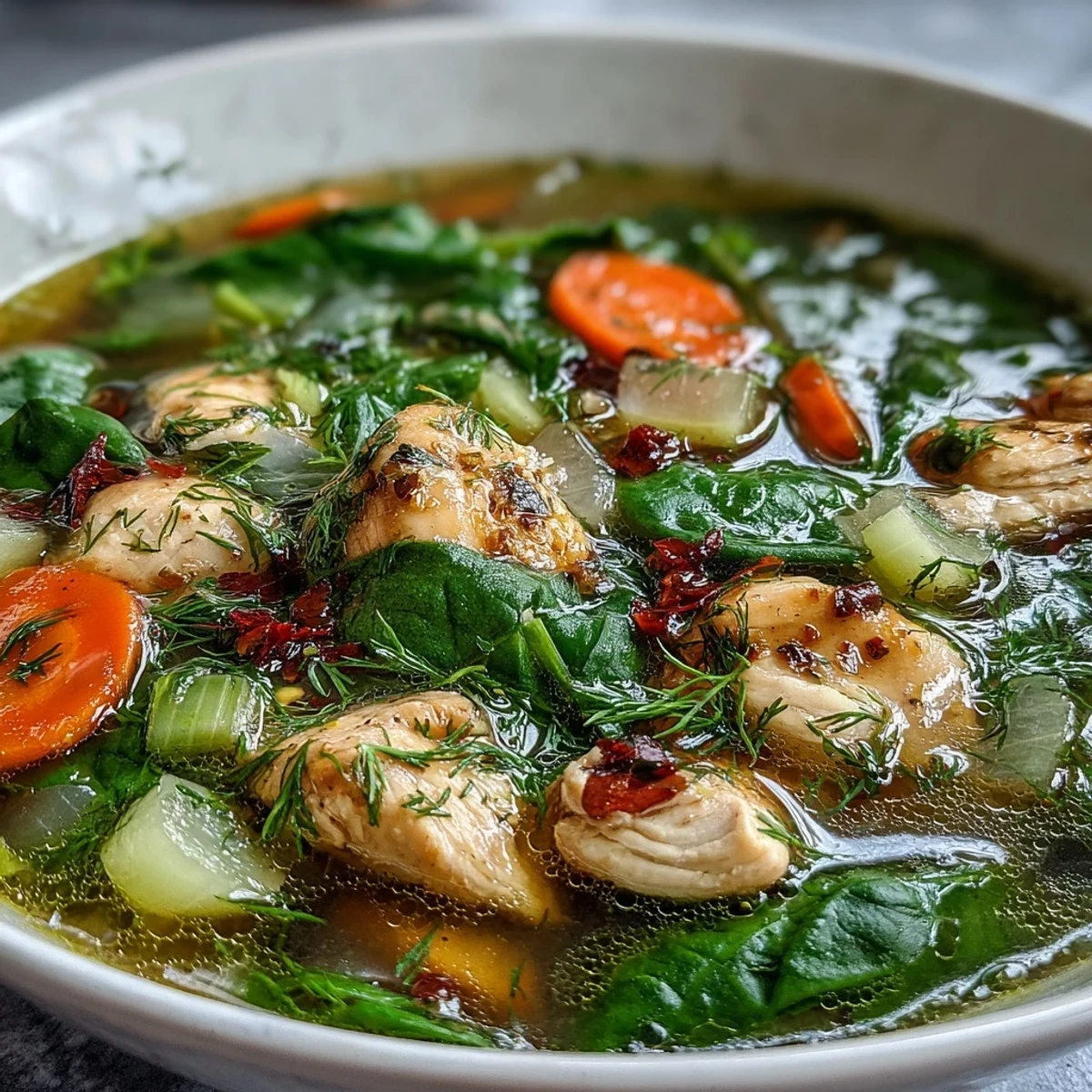 Hearty One-Pot Chicken and Veggie Detox Soup brimming with colorful vegetables, juicy chicken, and a splash of lemon, served steaming hot for comfort.