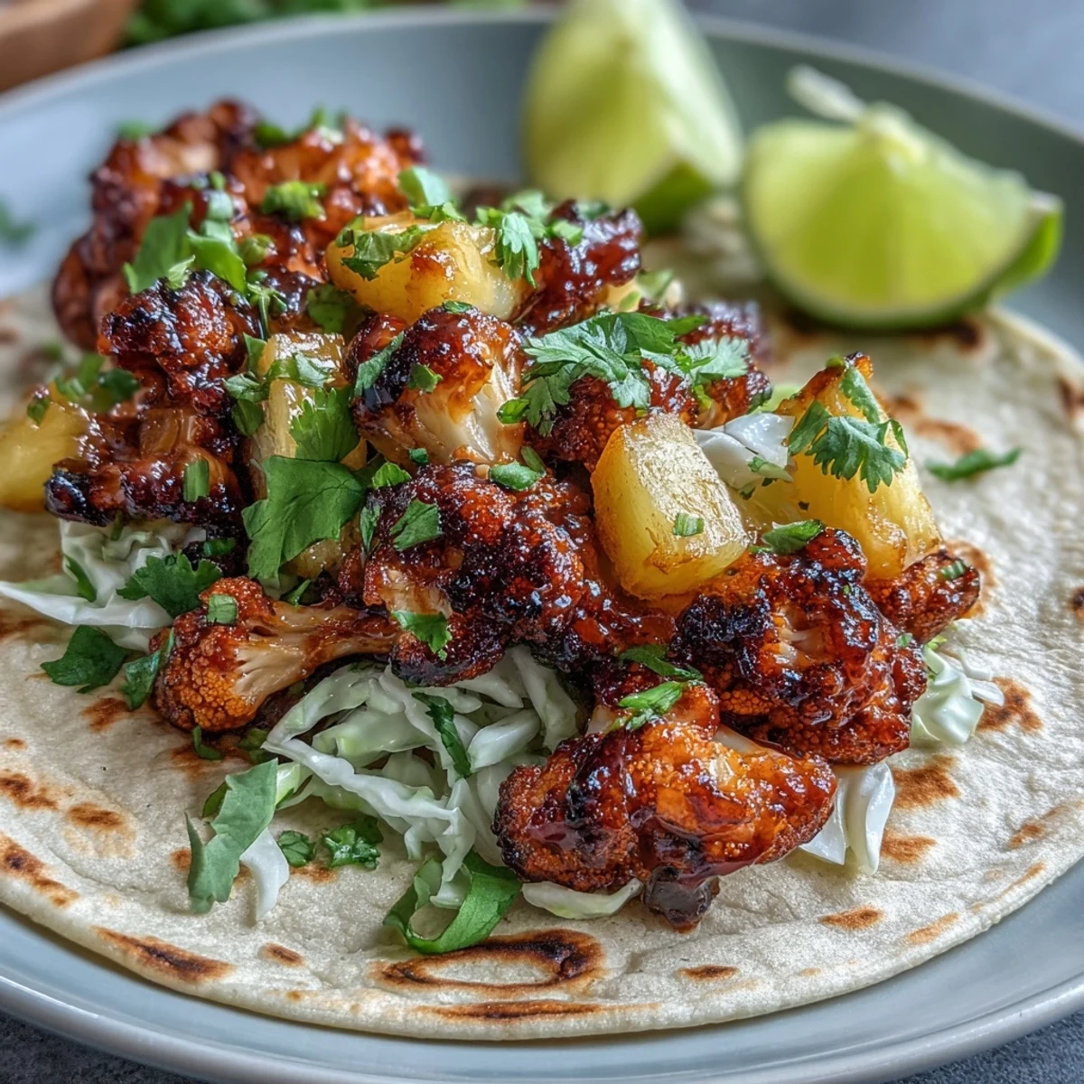 1. Crispy roasted cauliflower tacos drizzled with smoky BBQ sauce and topped with vibrant pineapple salsa.  