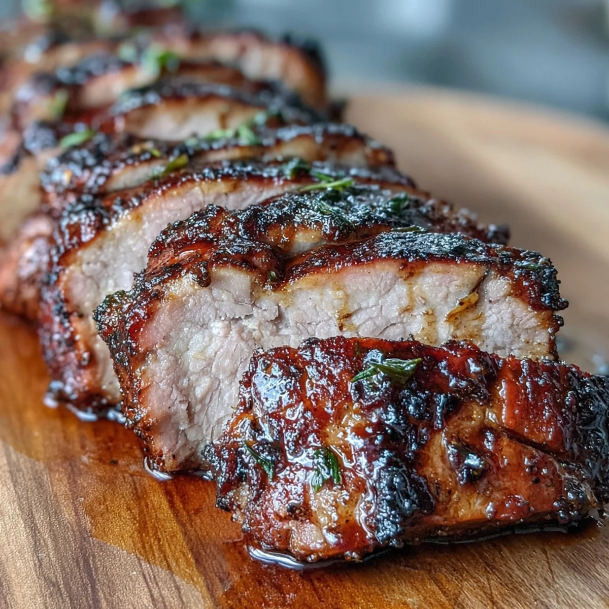 Caribbean jerk pork tenderloin, marinated in aromatic spices and lime, sliced and garnished with fresh cilantro for vibrant flavor.
