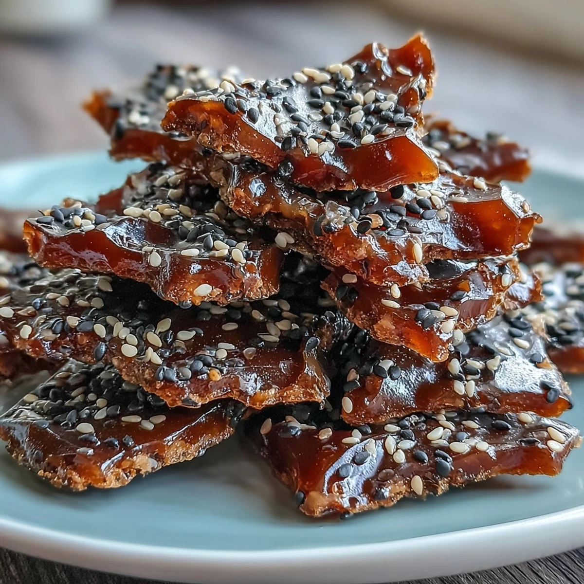 Crunchy black sesame brittle with glossy caramel and toasted seeds, perfect for dessert or snacking.  