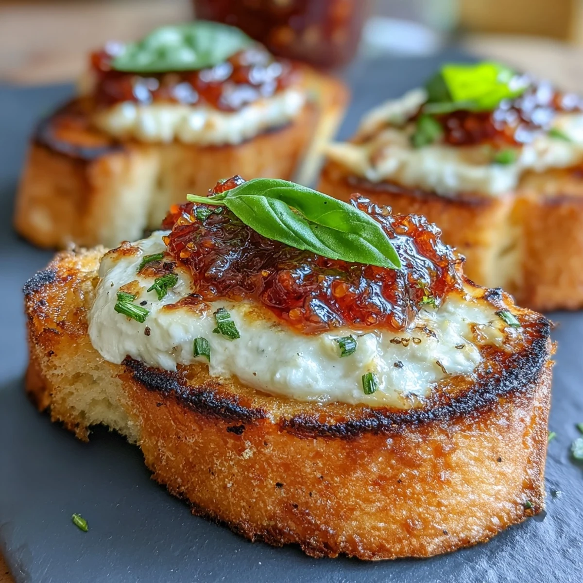 Aromatic bruschetta featuring tangy goat cheese, rich chili jam, and fresh basil leaves on golden toasted bread.  
