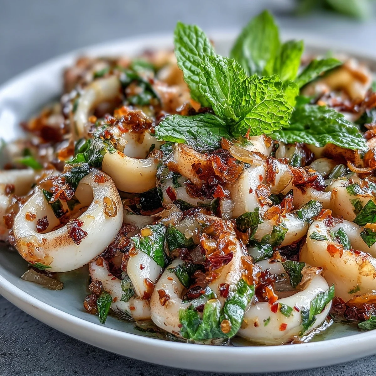 Tender squid rings grilled to perfection, served on a bed of mixed greens with crunchy vegetables and mint.  