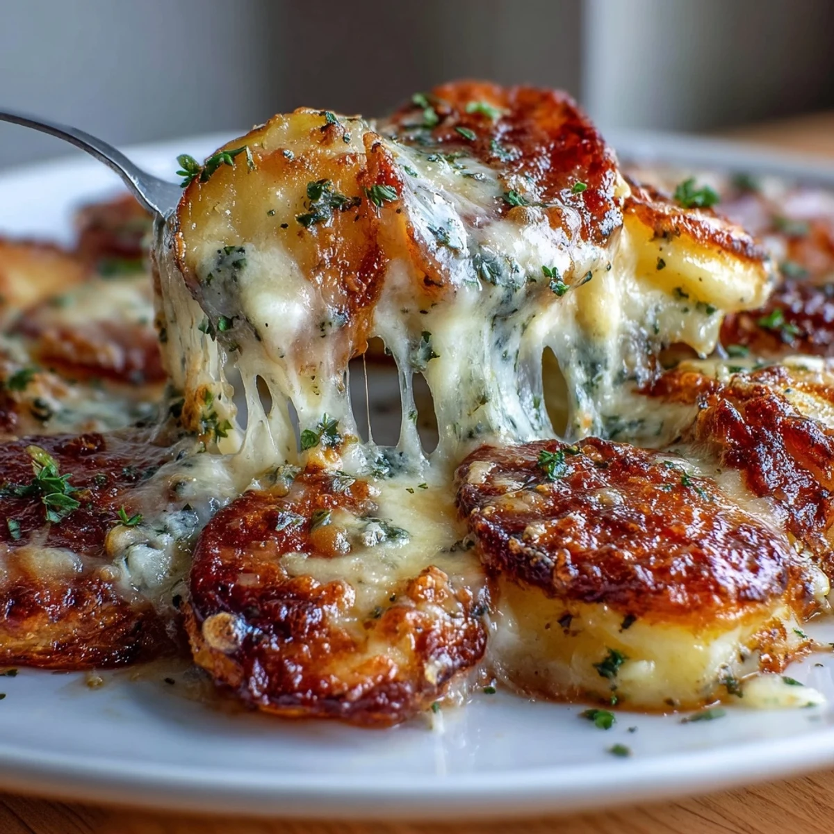 A golden baked dish of creamy smashed potato gratin, with layers of crispy potatoes and melted Gruyère cheese bubbling on top.