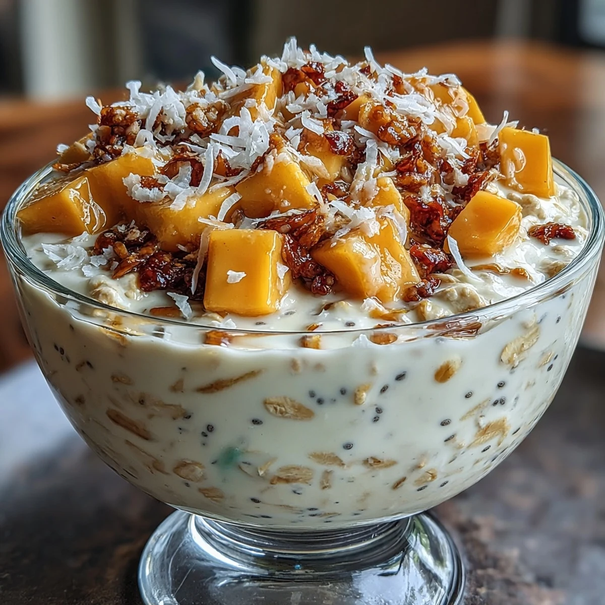 Tropical overnight oats with mango, coconut, and almonds, served in a glass jar for easy breakfast prep.