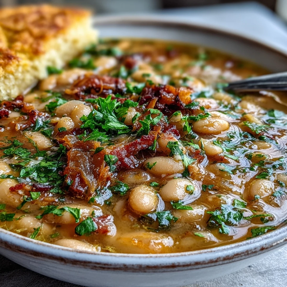 Savory ham hock and bean soup with aromatic herbs and vegetables, accompanied by a slice of sweet, golden cornbread for a satisfying dinner.