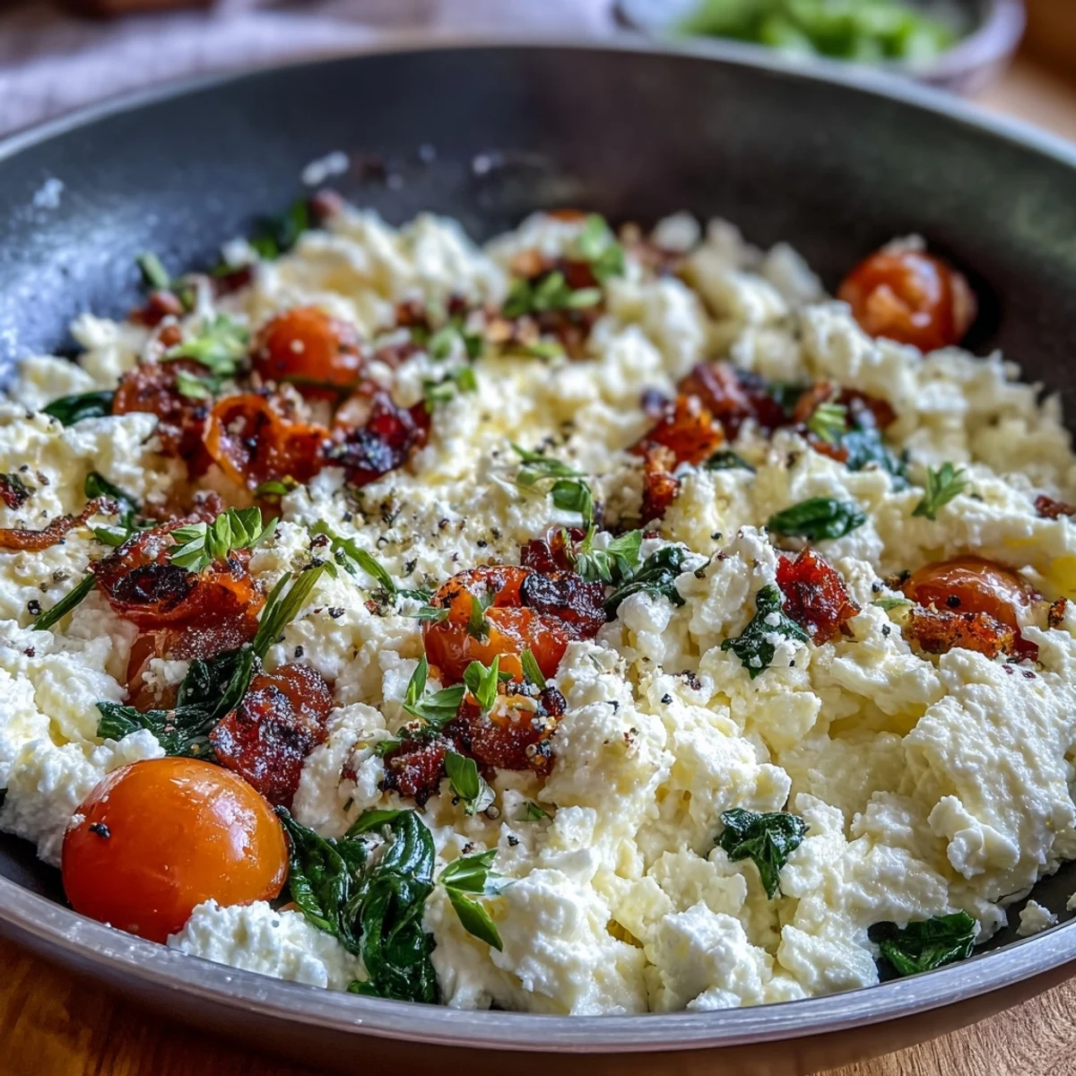 Colorful egg scramble with cottage cheese, spinach, and bell peppers served hot for a satisfying morning meal.
