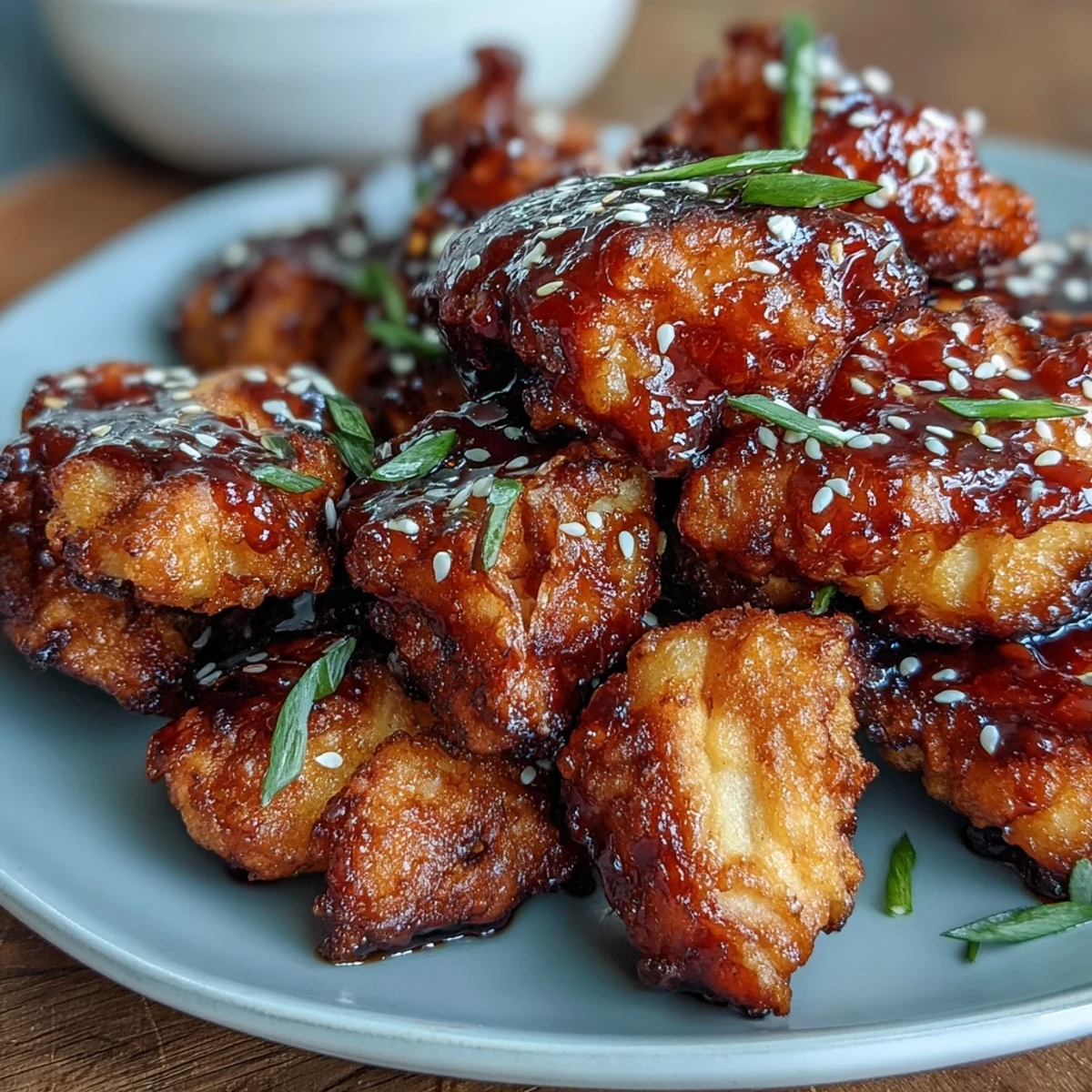 Golden-brown air-fried chicken bites coated in a sticky gochujang glaze, perfect for a flavorful Korean-inspired meal.  