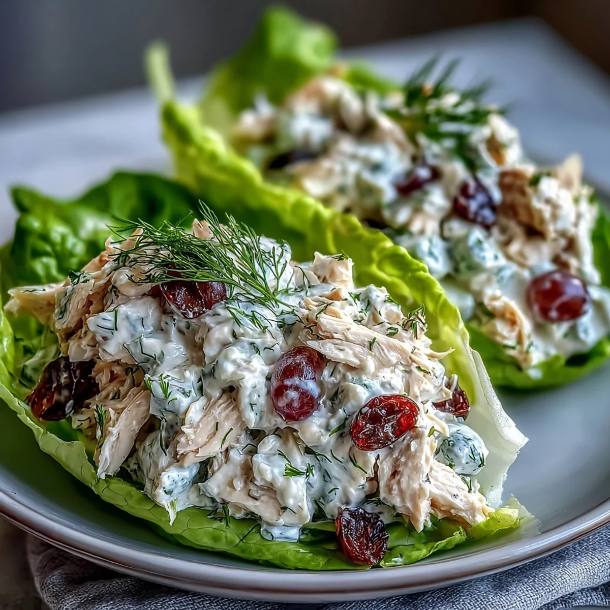 Creamy Greek yogurt chicken salad with crisp grapes and celery served in fresh lettuce wraps.  