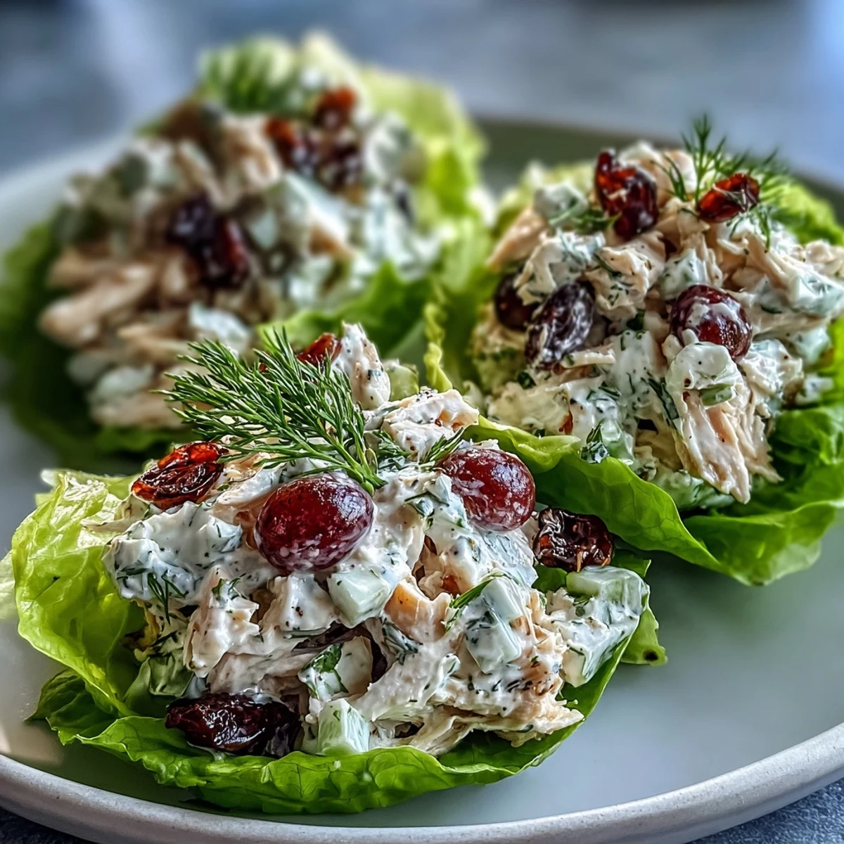 Healthy Greek yogurt chicken salad lettuce wraps packed with protein, fresh herbs, and crisp veggies.