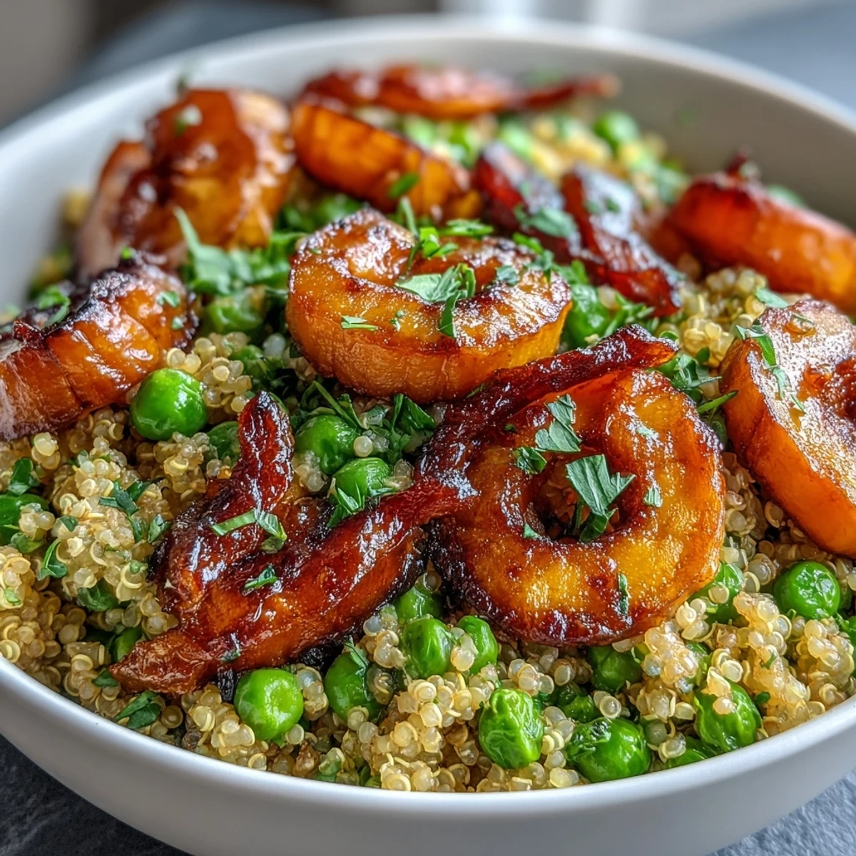 Warm quinoa bowl with roasted carrots and green peas, garnished with fresh parsley and feta.  