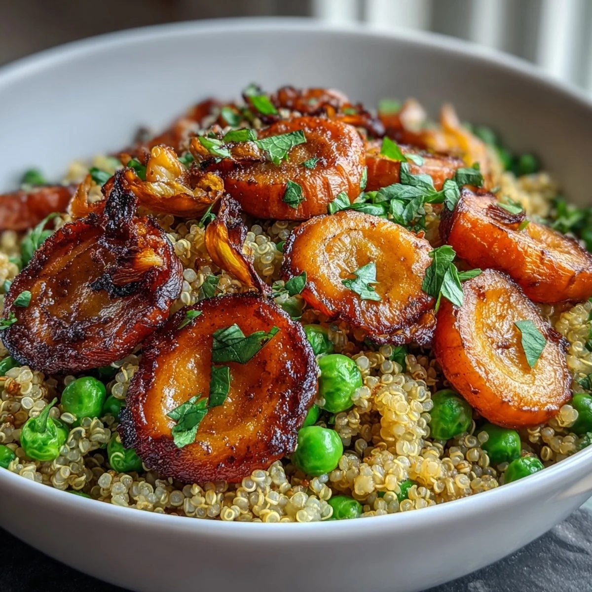 Colorful roasted carrot and pea quinoa bowl with optional pumpkin seeds and feta for added crunch.