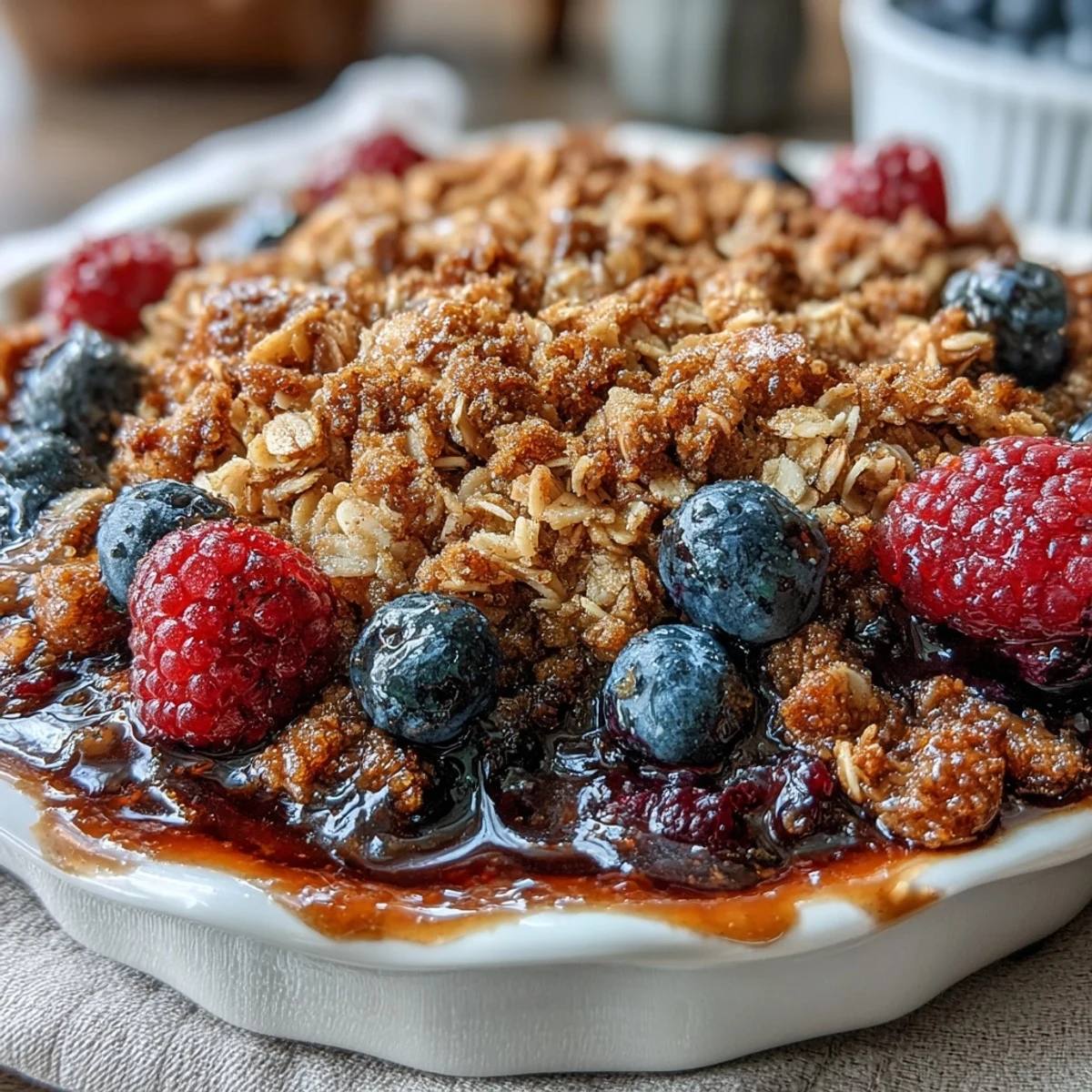 Individual berry crumbles with a crunchy oat streusel, showcasing vibrant berries and a golden-brown finish, ideal for a cozy dessert.