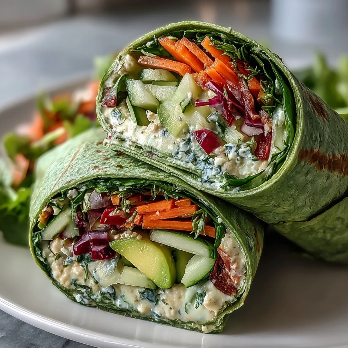 Vibrant spring vegetable and hummus wraps with spinach tortillas, filled with colorful crisp veggies and creamy spread.